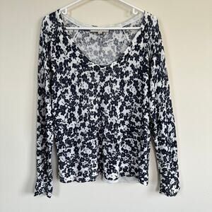 LOFT Linen Blend Floral Sweater V-Neck Long Sleeve Lightweight Black White SMALL